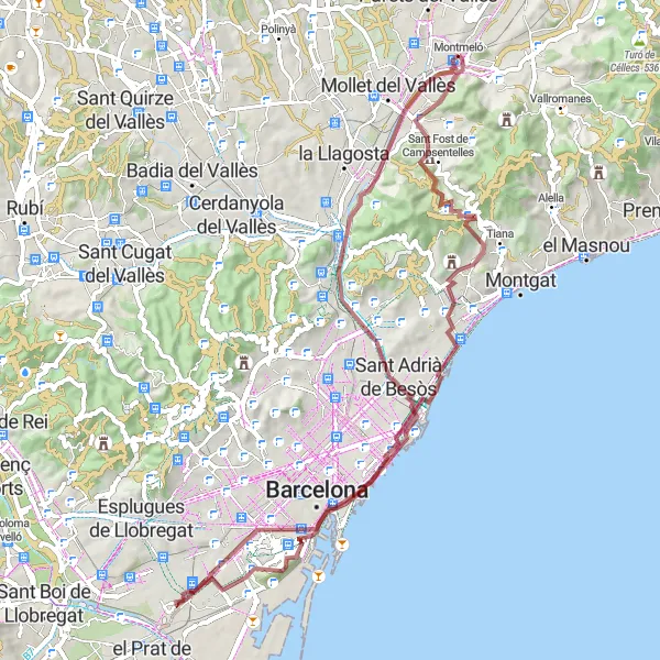 Miniatura della mappa di ispirazione al ciclismo "Tour in bicicletta tra i panorami di Montmeló" nella regione di Cataluña, Spain. Generata da Tarmacs.app, pianificatore di rotte ciclistiche