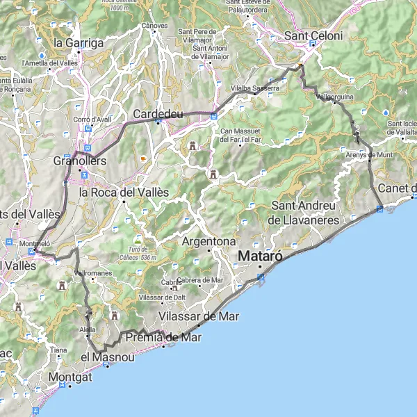 Miniatua del mapa de inspiración ciclista "Ruta de Carretera de Montmeló a les Tres Creus" en Cataluña, Spain. Generado por Tarmacs.app planificador de rutas ciclistas