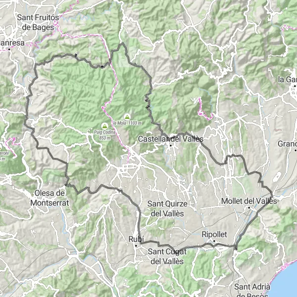 Map miniature of "Mountain Scenery and Hill Towns" cycling inspiration in Cataluña, Spain. Generated by Tarmacs.app cycling route planner