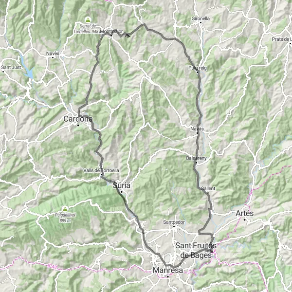 Miniatura della mappa di ispirazione al ciclismo "Percorso ciclistico in strada attraverso le colline" nella regione di Cataluña, Spain. Generata da Tarmacs.app, pianificatore di rotte ciclistiche