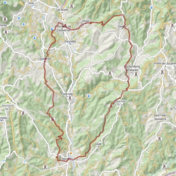 Miniatura della mappa di ispirazione al ciclismo "Ciclovia Gravel attraverso Casserres e Sagàs" nella regione di Cataluña, Spain. Generata da Tarmacs.app, pianificatore di rotte ciclistiche