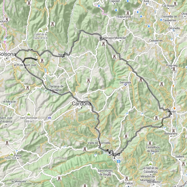 Miniatura della mappa di ispirazione al ciclismo "Tour in bicicletta tra i villaggi di Navàs" nella regione di Cataluña, Spain. Generata da Tarmacs.app, pianificatore di rotte ciclistiche