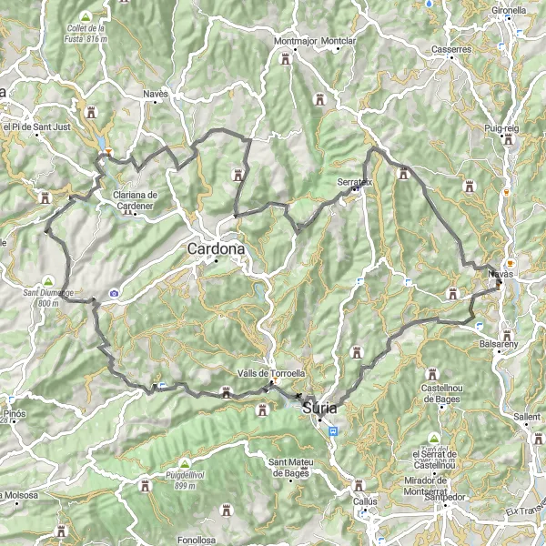 Map miniature of "Mountainous Escape" cycling inspiration in Cataluña, Spain. Generated by Tarmacs.app cycling route planner