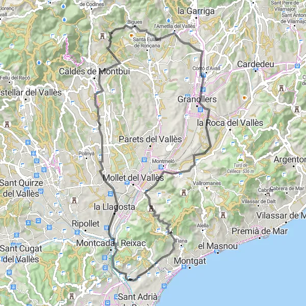 Miniatuurkaart van de fietsinspiratie "Wegroute van Turó d'en Rata naar Santa Coloma de Gramenet" in Cataluña, Spain. Gemaakt door de Tarmacs.app fietsrouteplanner