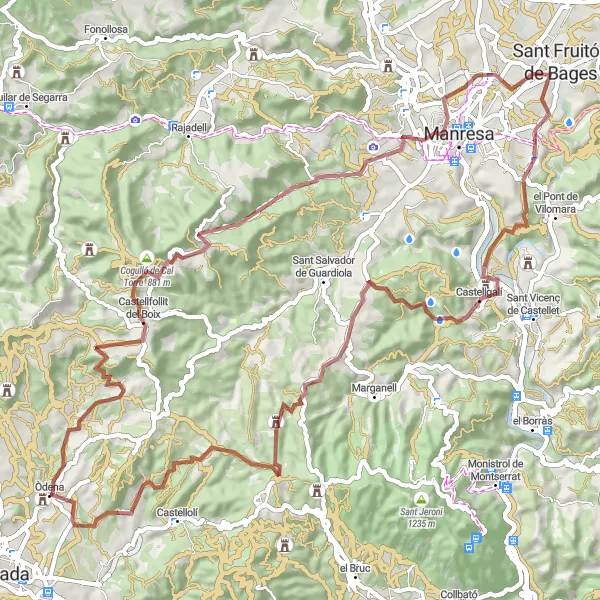 Miniatura della mappa di ispirazione al ciclismo "Scenic Gravel Tour around Òdena" nella regione di Cataluña, Spain. Generata da Tarmacs.app, pianificatore di rotte ciclistiche