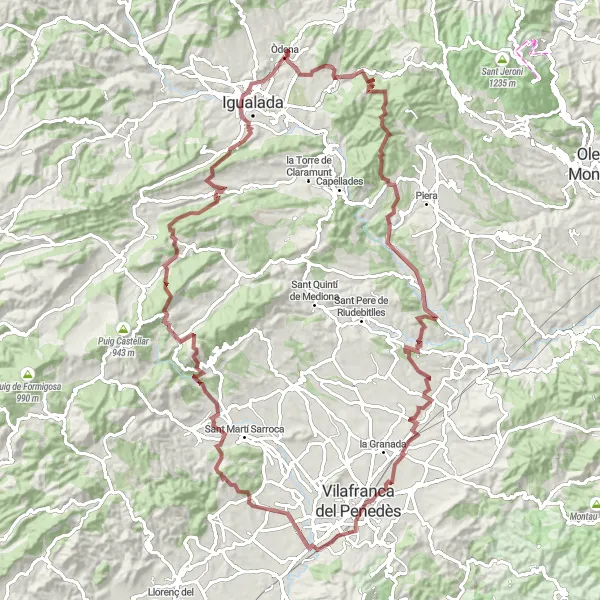 Miniatura della mappa di ispirazione al ciclismo "Percorso ciclistico da Òdena attraverso Castellolí" nella regione di Cataluña, Spain. Generata da Tarmacs.app, pianificatore di rotte ciclistiche