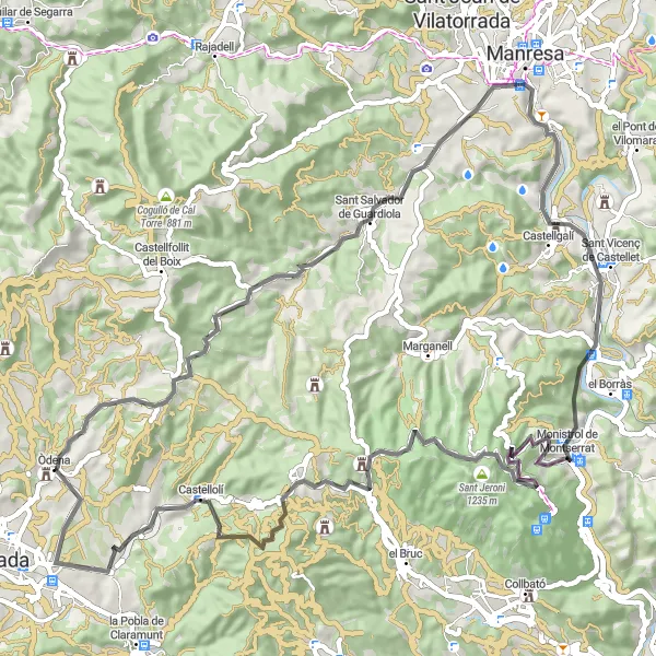 Miniatura della mappa di ispirazione al ciclismo "Passeggiata in bicicletta Montjuic e Montserrat" nella regione di Cataluña, Spain. Generata da Tarmacs.app, pianificatore di rotte ciclistiche