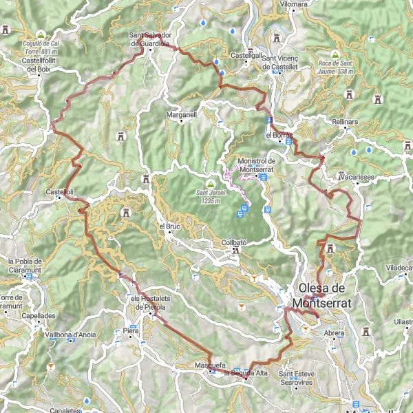 Map miniature of "Gravel Adventure in Montserrat" cycling inspiration in Cataluña, Spain. Generated by Tarmacs.app cycling route planner