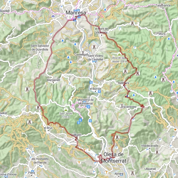 Miniatura della mappa di ispirazione al ciclismo "Avventuroso giro in bicicletta gravel nei dintorni di Olesa de Montserrat" nella regione di Cataluña, Spain. Generata da Tarmacs.app, pianificatore di rotte ciclistiche