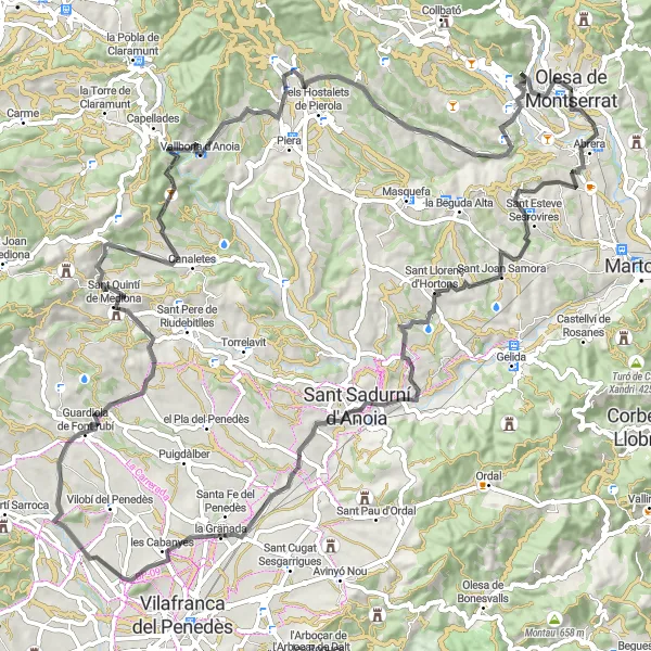 Miniatura della mappa di ispirazione al ciclismo "Giro in bicicletta a strada da Olesa de Montserrat" nella regione di Cataluña, Spain. Generata da Tarmacs.app, pianificatore di rotte ciclistiche