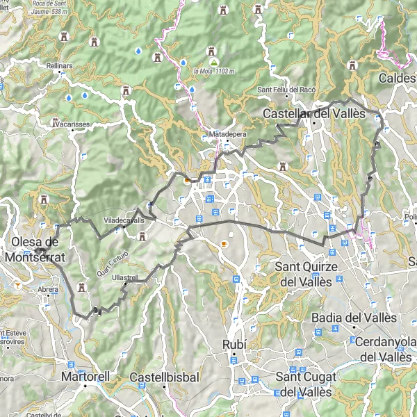 Miniatuurkaart van de fietsinspiratie "Bergachtige weg naar Viladecavalls en Ullastrell" in Cataluña, Spain. Gemaakt door de Tarmacs.app fietsrouteplanner