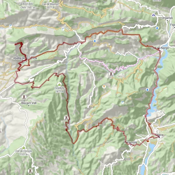 Map miniature of "Landscape and Adventure: Gravel Cycling Loop around Oliana" cycling inspiration in Cataluña, Spain. Generated by Tarmacs.app cycling route planner