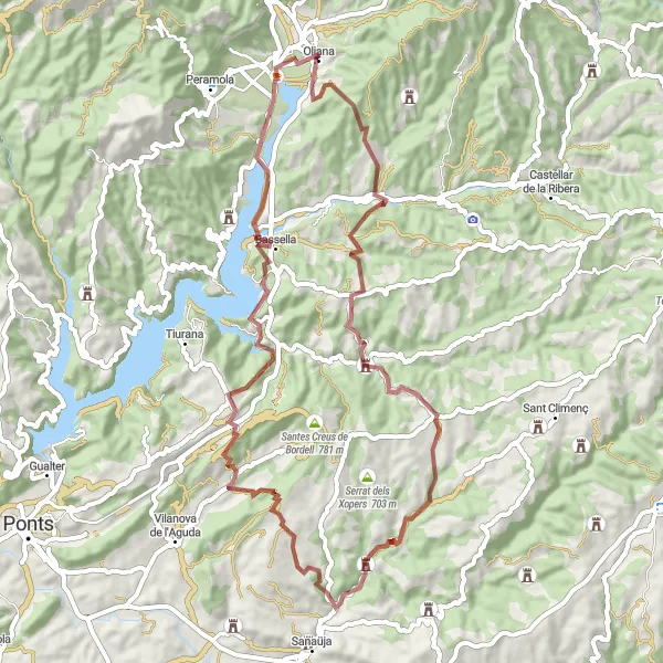 Map miniature of "Gravel Adventure: Explore the Oliana Region" cycling inspiration in Cataluña, Spain. Generated by Tarmacs.app cycling route planner