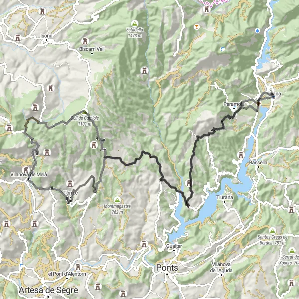 Map miniature of "Oliana to Vilanova de Meià Epic Road Cycling Route" cycling inspiration in Cataluña, Spain. Generated by Tarmacs.app cycling route planner