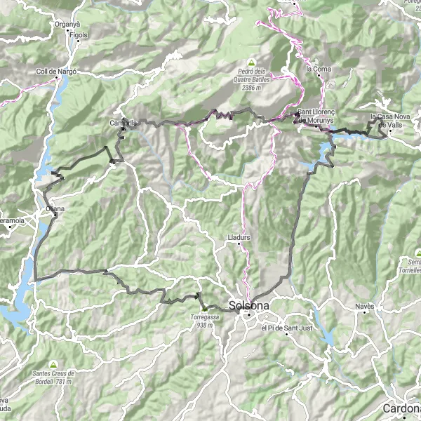 Map miniature of "Road Cycling Adventure near Oliana" cycling inspiration in Cataluña, Spain. Generated by Tarmacs.app cycling route planner