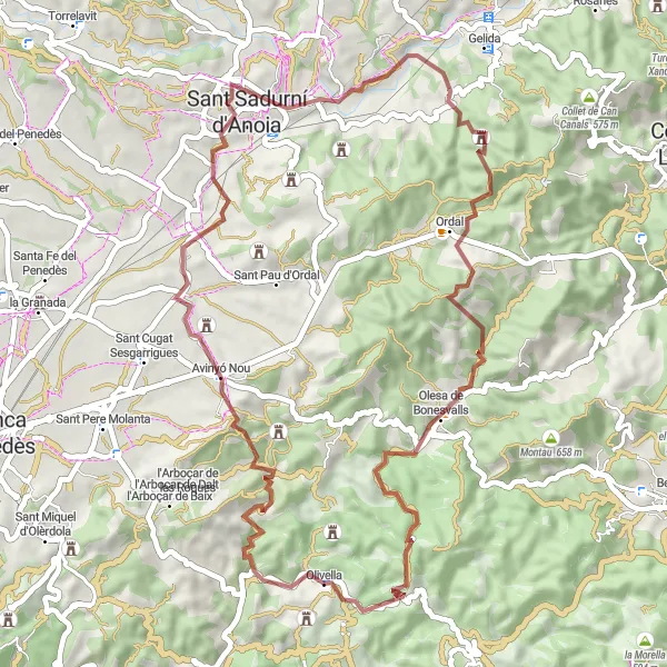 Miniaturní mapa "Gravel Tour to Olesa de Bonesvalls" inspirace pro cyklisty v oblasti Cataluña, Spain. Vytvořeno pomocí plánovače tras Tarmacs.app