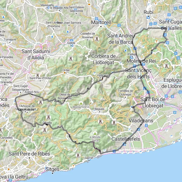 Miniatura della mappa di ispirazione al ciclismo "Giro in bicicletta da Olivella" nella regione di Cataluña, Spain. Generata da Tarmacs.app, pianificatore di rotte ciclistiche