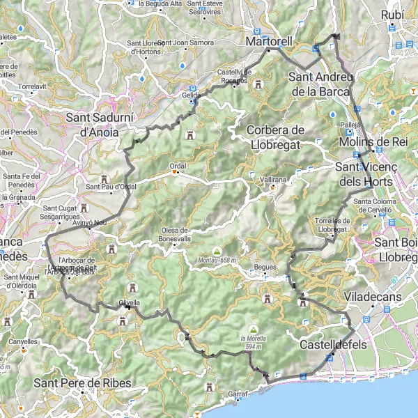 Miniatura della mappa di ispirazione al ciclismo "Escursione in bicicletta da Olivella a Castelldefels" nella regione di Cataluña, Spain. Generata da Tarmacs.app, pianificatore di rotte ciclistiche