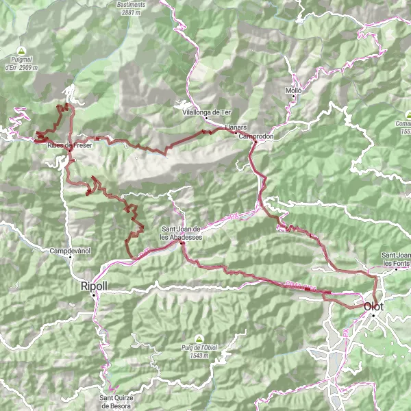 Miniatua del mapa de inspiración ciclista "Sant Joan de les Abadesses y Roca de la Creu" en Cataluña, Spain. Generado por Tarmacs.app planificador de rutas ciclistas