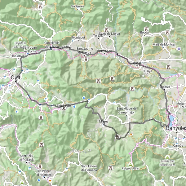 Map miniature of "Road Route to Mieres and Volcà d'en Simó" cycling inspiration in Cataluña, Spain. Generated by Tarmacs.app cycling route planner