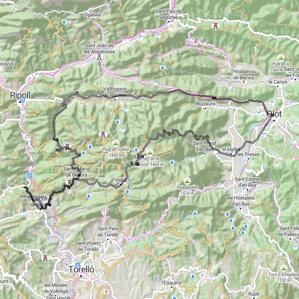 Miniatuurkaart van de fietsinspiratie "Bergachtige Road-route rond Olot" in Cataluña, Spain. Gemaakt door de Tarmacs.app fietsrouteplanner