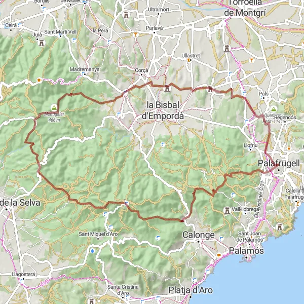 Map miniature of "Palafrugell to Torre de Guaita del Puig de les Torretes" cycling inspiration in Cataluña, Spain. Generated by Tarmacs.app cycling route planner