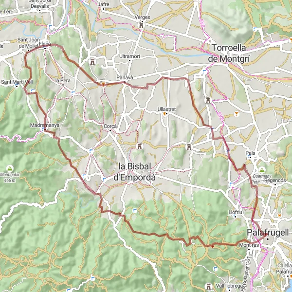 Miniatura della mappa di ispirazione al ciclismo "Esplorazione di Rupià e Palau-sator" nella regione di Cataluña, Spain. Generata da Tarmacs.app, pianificatore di rotte ciclistiche