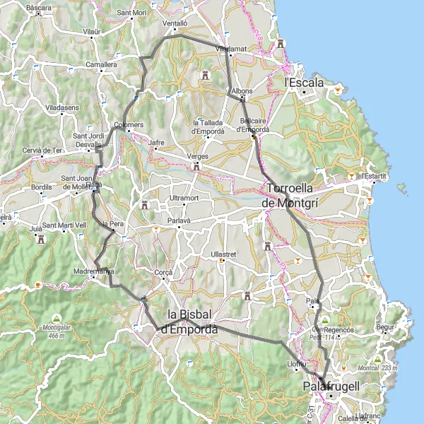 Miniatua del mapa de inspiración ciclista "Ruta de Carretera de Palafrugell a Quermany Petit por la Costa Brava" en Cataluña, Spain. Generado por Tarmacs.app planificador de rutas ciclistas