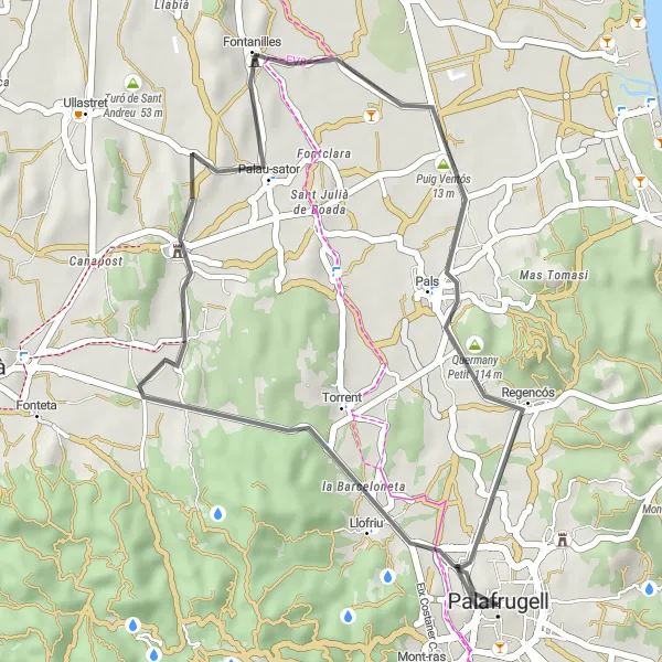 Map miniature of "Palafrugell to Regencós" cycling inspiration in Cataluña, Spain. Generated by Tarmacs.app cycling route planner