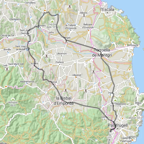 Miniatua del mapa de inspiración ciclista "Ruta de Carretera de Palafrugell a Puig Sesforques" en Cataluña, Spain. Generado por Tarmacs.app planificador de rutas ciclistas