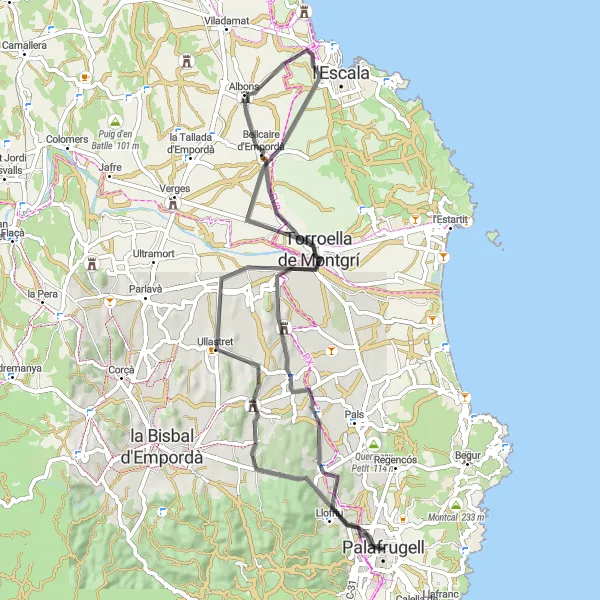 Map miniature of "The Empordà Loop" cycling inspiration in Cataluña, Spain. Generated by Tarmacs.app cycling route planner