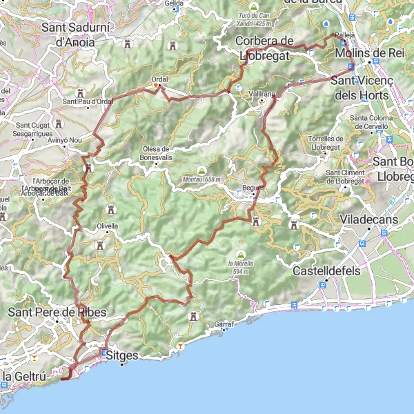 Miniatura della mappa di ispirazione al ciclismo "Escursione Gravel da Pallejà a Corbera de Llobregat" nella regione di Cataluña, Spain. Generata da Tarmacs.app, pianificatore di rotte ciclistiche