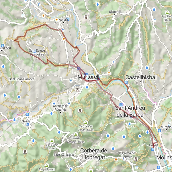 Miniatura della mappa di ispirazione al ciclismo "Percorso in bicicletta su ghiaia da Pallejà a Roca de Droc" nella regione di Cataluña, Spain. Generata da Tarmacs.app, pianificatore di rotte ciclistiche