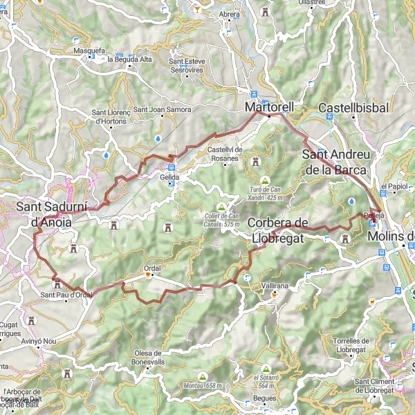 Miniatura della mappa di ispirazione al ciclismo "Giro in bicicletta da Pallejà" nella regione di Cataluña, Spain. Generata da Tarmacs.app, pianificatore di rotte ciclistiche