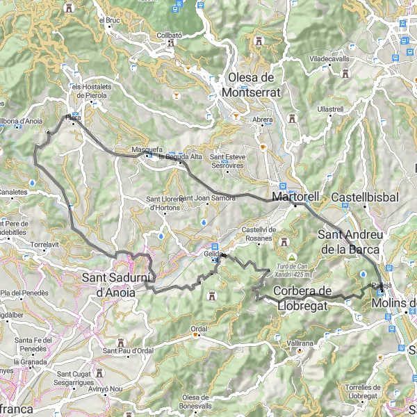 Miniaturní mapa "Jízda kolem Pallejà po silnici" inspirace pro cyklisty v oblasti Cataluña, Spain. Vytvořeno pomocí plánovače tras Tarmacs.app