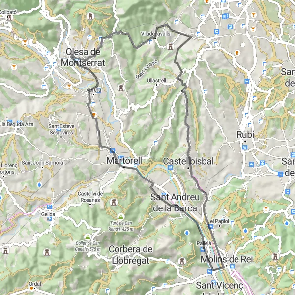 Miniaturní mapa "Road Cycling Adventure from Pallejà" inspirace pro cyklisty v oblasti Cataluña, Spain. Vytvořeno pomocí plánovače tras Tarmacs.app