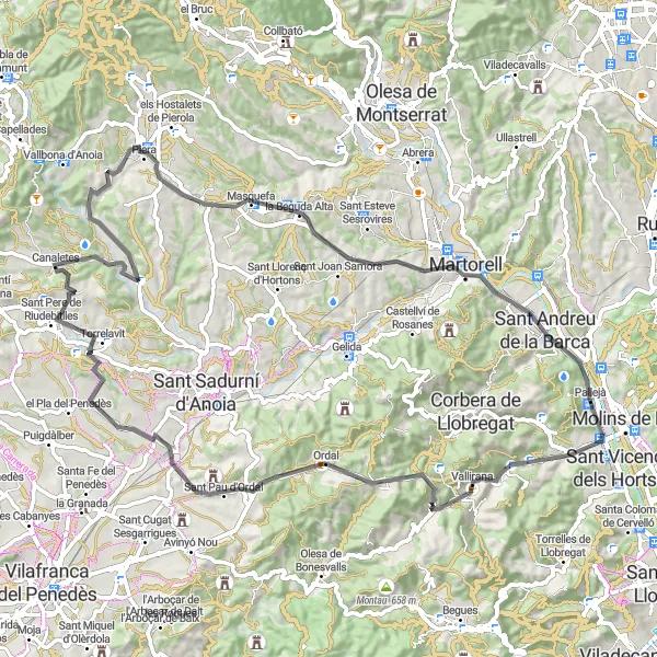 Miniatua del mapa de inspiración ciclista "Desafío en Carretera al Puig Cúgol" en Cataluña, Spain. Generado por Tarmacs.app planificador de rutas ciclistas