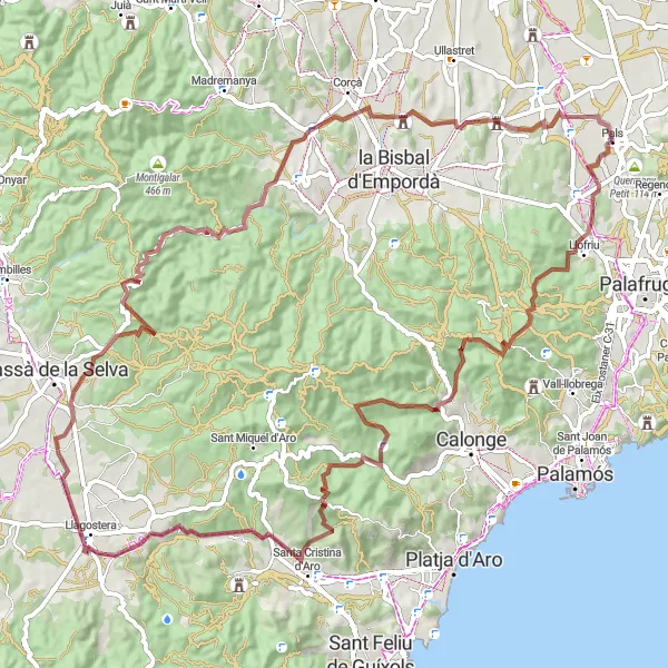 Miniature de la carte de l'inspiration cycliste "Le Tour de Monells et Peratallada" dans la Cataluña, Spain. Générée par le planificateur d'itinéraire cycliste Tarmacs.app