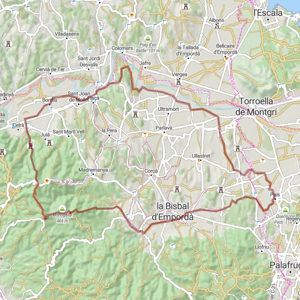 Miniatuurkaart van de fietsinspiratie "Gravelroute van Pals naar Puig Negre en Llabià" in Cataluña, Spain. Gemaakt door de Tarmacs.app fietsrouteplanner