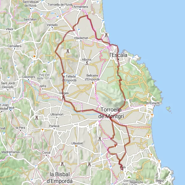 Miniaturní mapa "Gravelová cesta mezi Verge a l'Escala" inspirace pro cyklisty v oblasti Cataluña, Spain. Vytvořeno pomocí plánovače tras Tarmacs.app