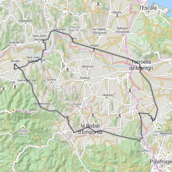 Miniatuurkaart van de fietsinspiratie "Panoramische fietstocht door Empordà" in Cataluña, Spain. Gemaakt door de Tarmacs.app fietsrouteplanner