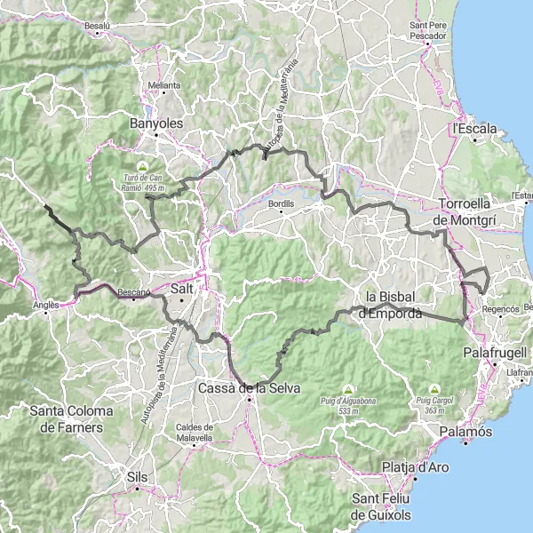 Miniature de la carte de l'inspiration cycliste "Le Tour du Balcó de Sant Roc et de Foixà" dans la Cataluña, Spain. Générée par le planificateur d'itinéraire cycliste Tarmacs.app