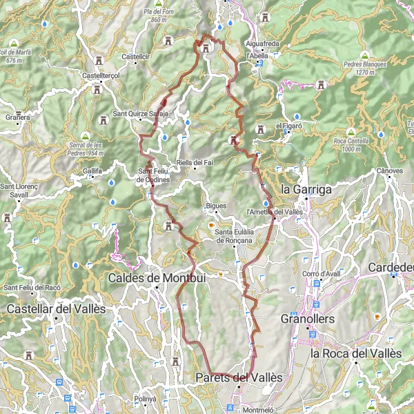 Miniaturní mapa "Gravel cesta kolem Parets del Vallès" inspirace pro cyklisty v oblasti Cataluña, Spain. Vytvořeno pomocí plánovače tras Tarmacs.app