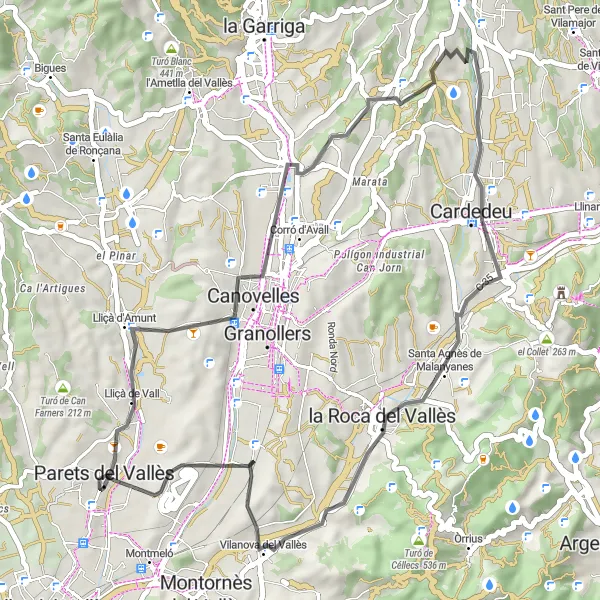Miniatura della mappa di ispirazione al ciclismo "Avventura di 48 km da Parets del Vallès" nella regione di Cataluña, Spain. Generata da Tarmacs.app, pianificatore di rotte ciclistiche