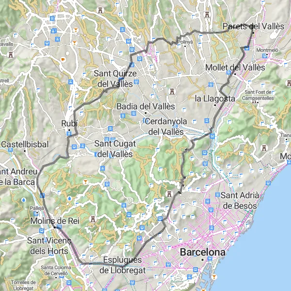 Miniatuurkaart van de fietsinspiratie "Wegfietsroute Parets del Vallès - Sant Quirze del Vallès - Polinyà" in Cataluña, Spain. Gemaakt door de Tarmacs.app fietsrouteplanner