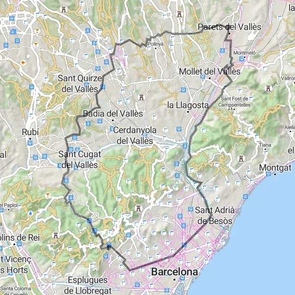 Miniatura della mappa di ispirazione al ciclismo "Giro panoramico di 72 km da Parets del Vallès" nella regione di Cataluña, Spain. Generata da Tarmacs.app, pianificatore di rotte ciclistiche
