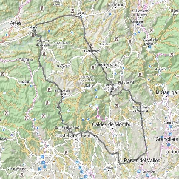 Map miniature of "Lliçà de Vallès and Calders Road Challenge" cycling inspiration in Cataluña, Spain. Generated by Tarmacs.app cycling route planner