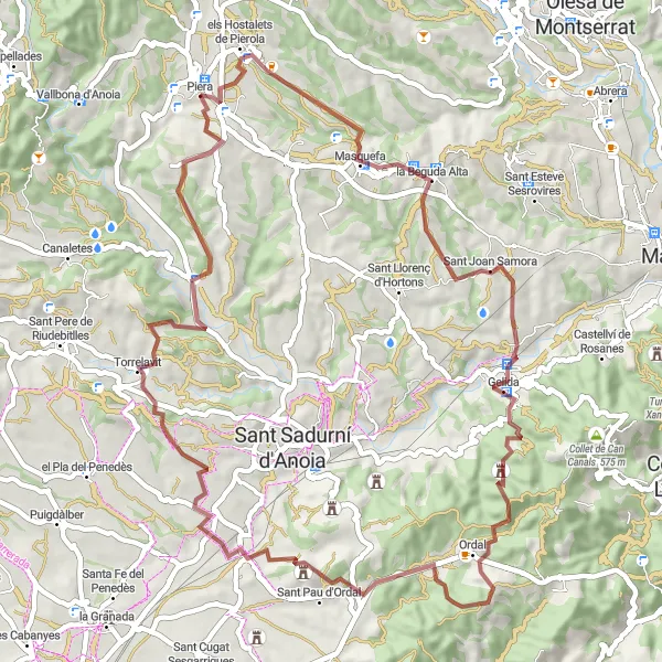 Miniatura della mappa di ispirazione al ciclismo "Percorso in bicicletta di 64 km su strade sterrate a Piera" nella regione di Cataluña, Spain. Generata da Tarmacs.app, pianificatore di rotte ciclistiche