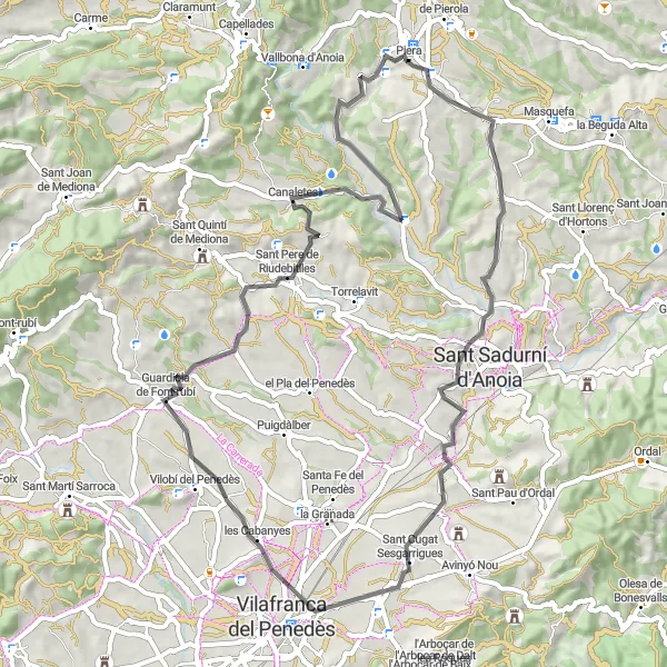 Map miniature of "The Wine Route" cycling inspiration in Cataluña, Spain. Generated by Tarmacs.app cycling route planner