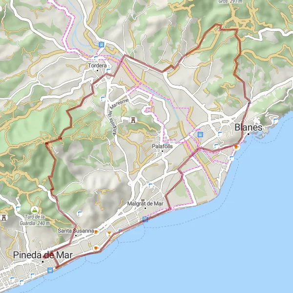 Miniatuurkaart van de fietsinspiratie "Pineda de Mar naar Malgrat de Mar Gravelrit" in Cataluña, Spain. Gemaakt door de Tarmacs.app fietsrouteplanner